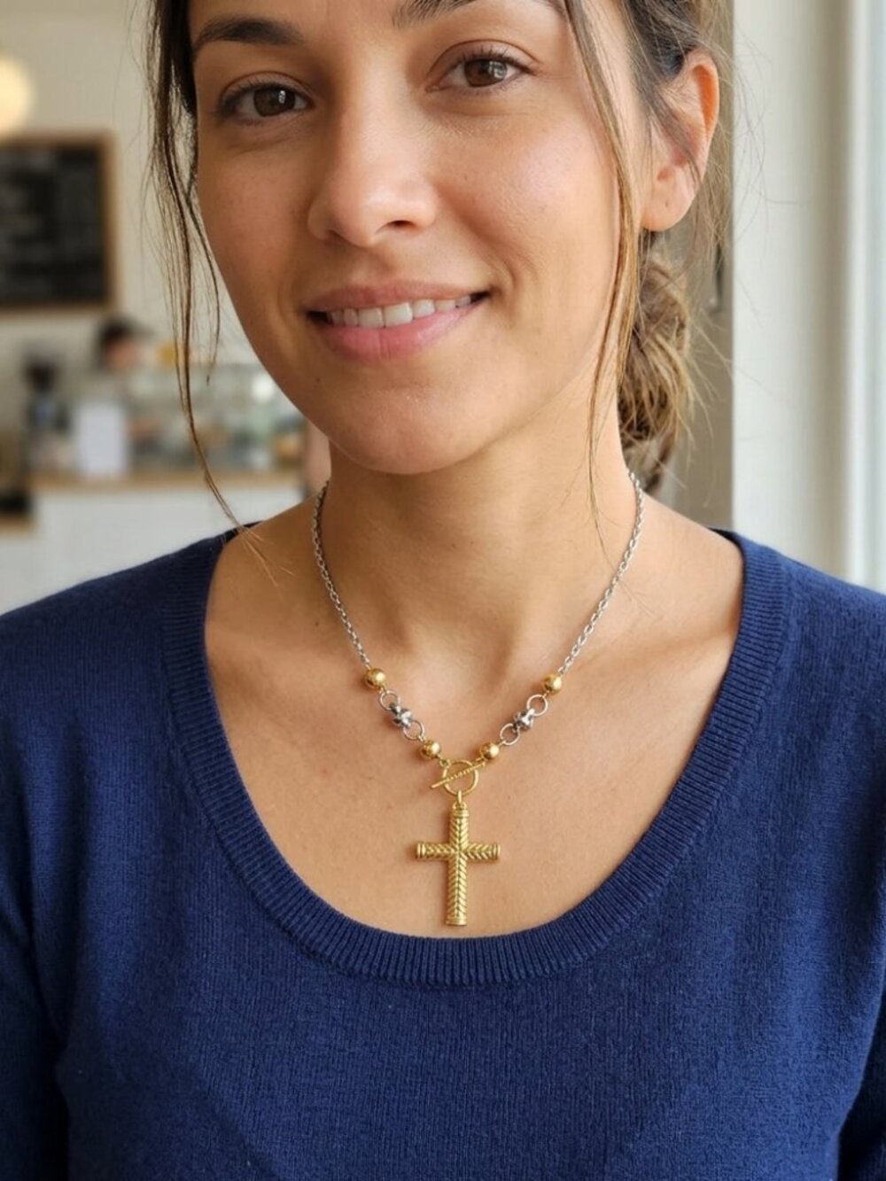 Two Tone Gold Silver Chevron Cross Toggle Chain Necklace - Picture 2 of 15